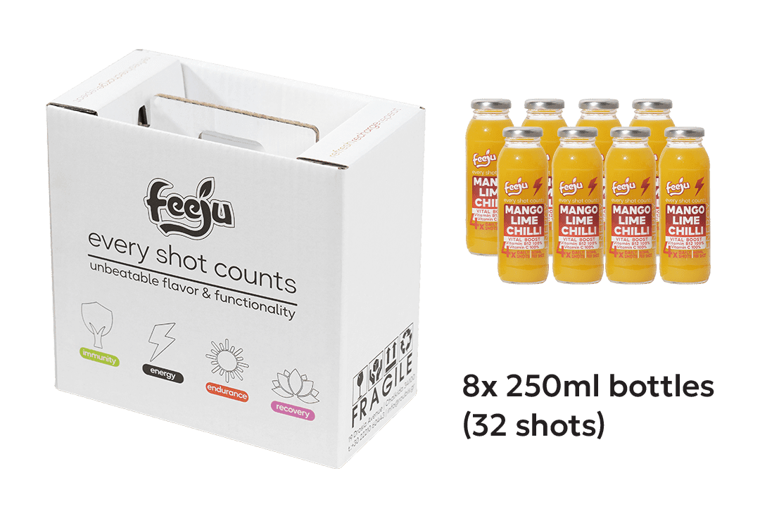 Feeju Mango Lime Chilli shots: 8x 250ml bottles, 32 shots.